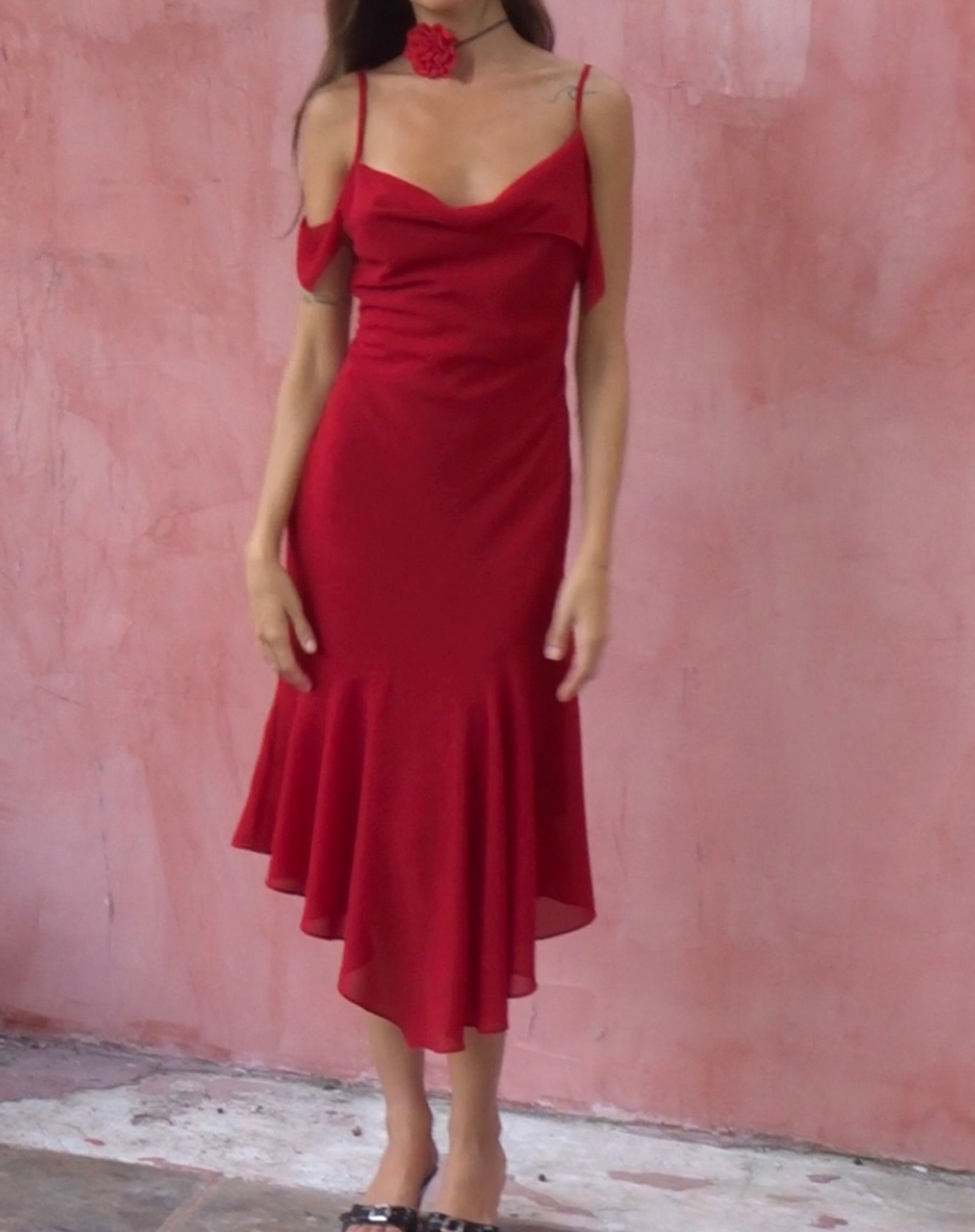 red chiffon dress midi MissJophiel Women One Shoulder Chiffon Print Floral Red Midi Tea Length Formal Gown Red / Tea Length / US16