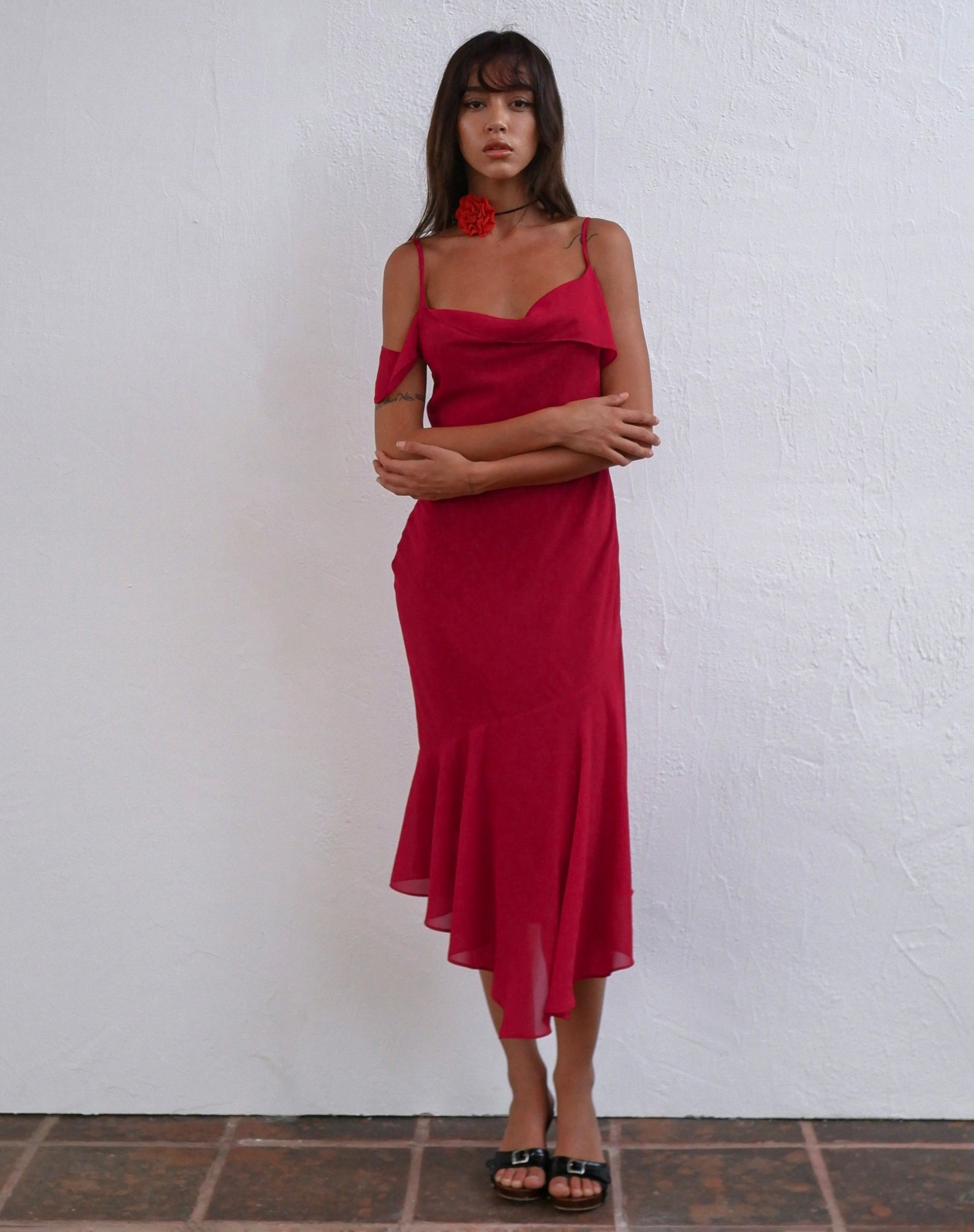 red chiffon midi dress Red Chiffon Boat Neck Asymmetric Midi Dress