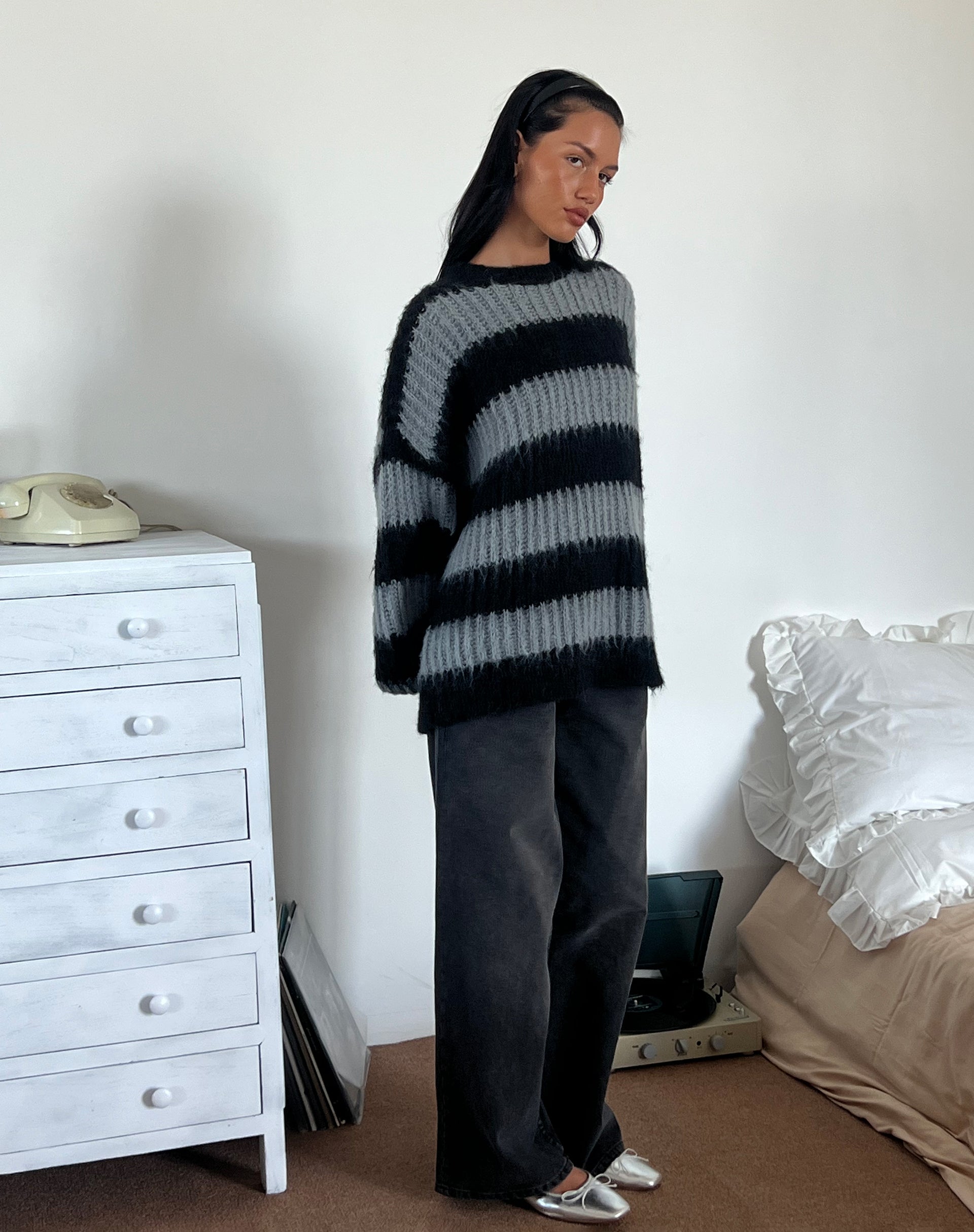 Image of Daren Jumper in Grey and Charcoal Stripes