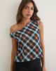 Image of Darini Asymmetric Top in Chiffon Black and Blue Hazy Check