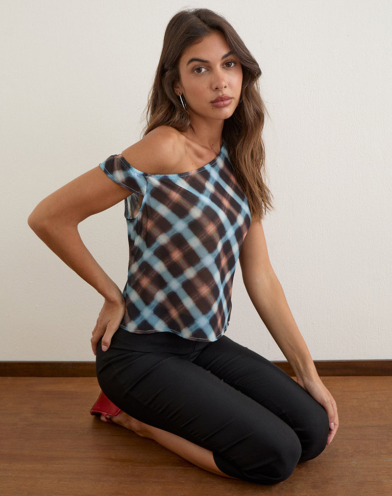 Image of Darini Asymmetric Top in Chiffon Black and Blue Hazy Check