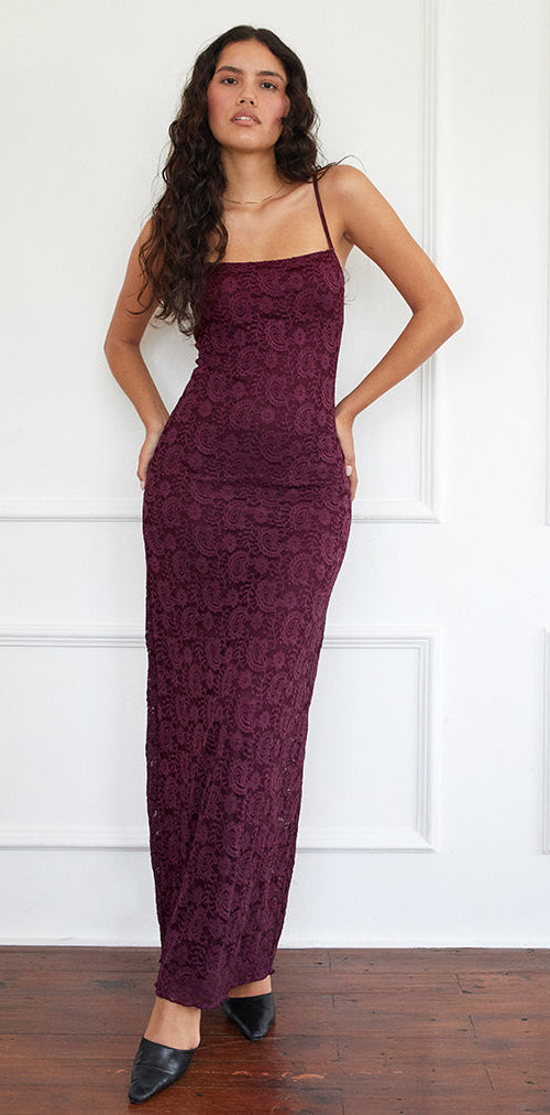 Image of Darsih Cami Maxi Dress in Paisley Lace Burgundy