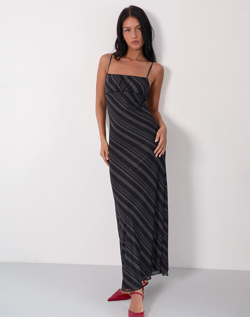 Darsih Maxi Dress in Irregular Stripe Grey Black