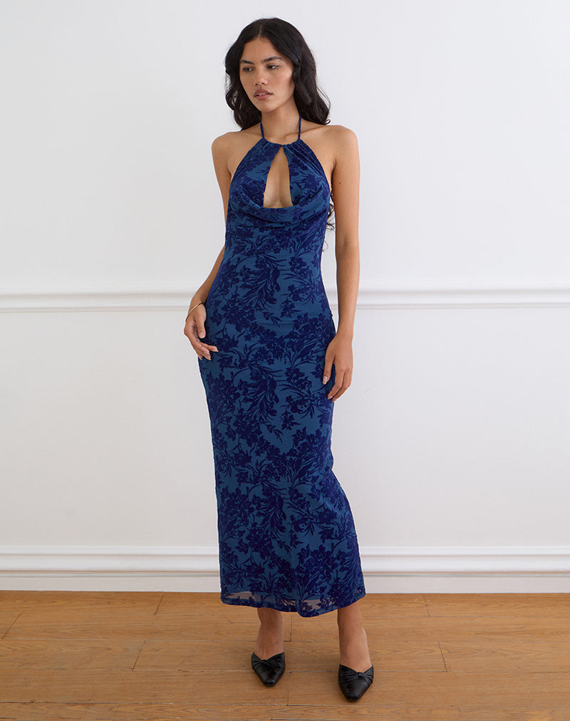 Dawn Maxi Dress in Midnight Leaf Flock Navy
