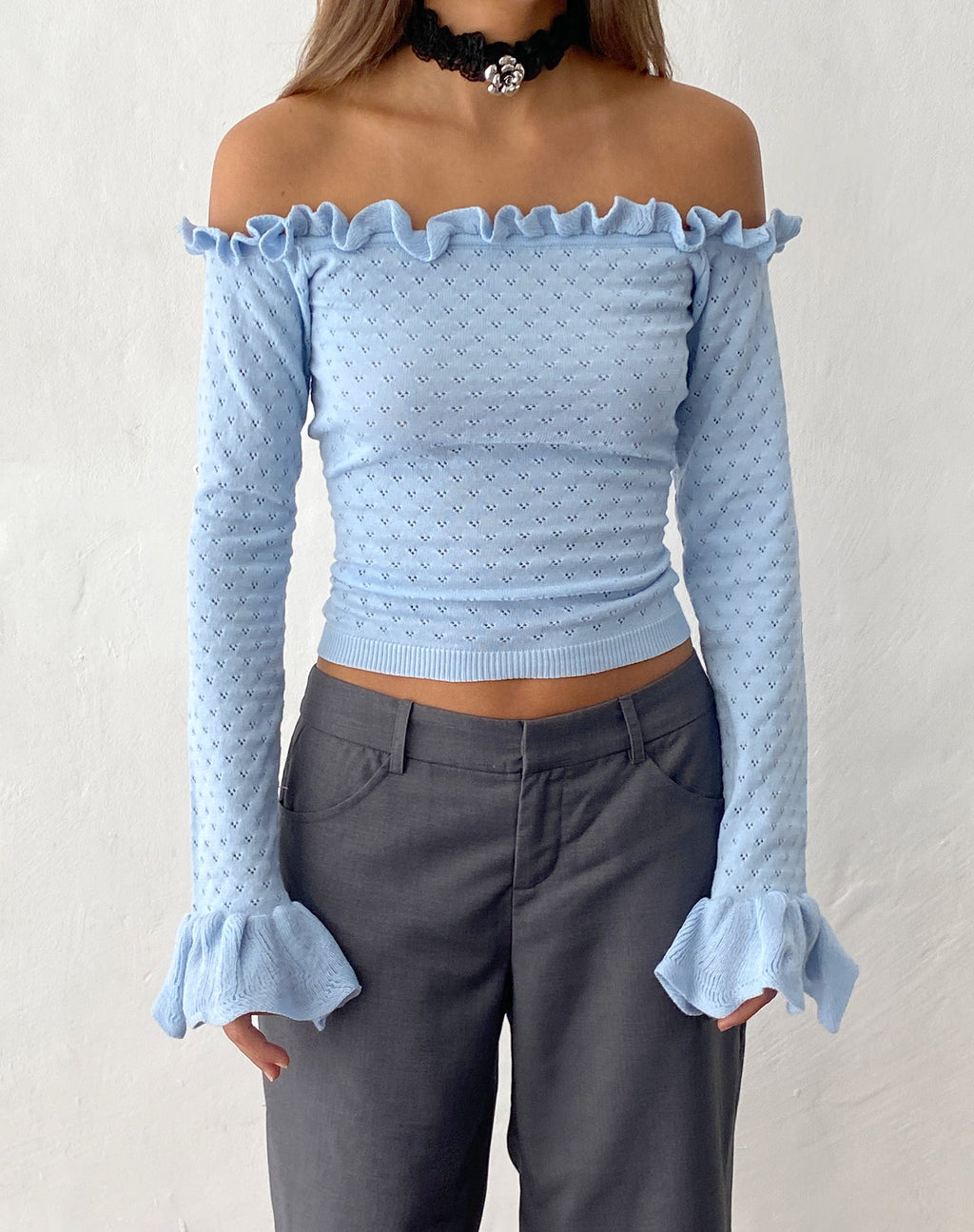 Delaney Knitted Frill Bardot Top in Baby Blue