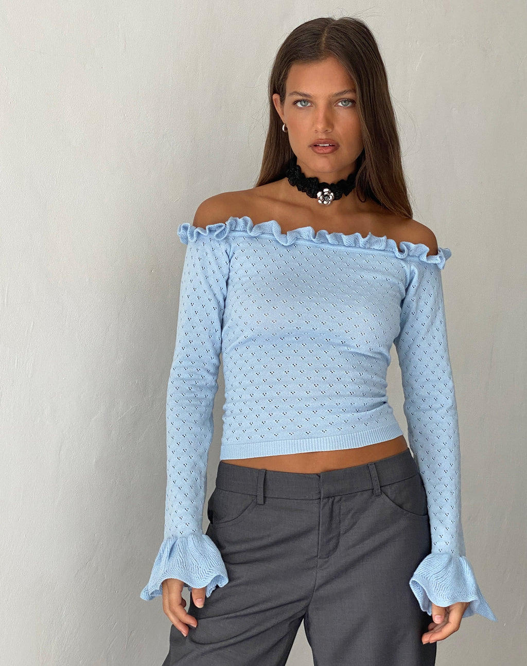 Delaney Knitted Frill Bardot Top in Baby Blue