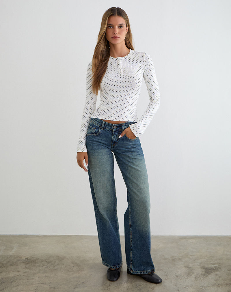 White with Micro Polka Black Print Long Sleeve Top | Delano