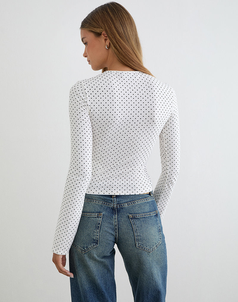 White with Micro Polka Black Print Long Sleeve Top | Delano