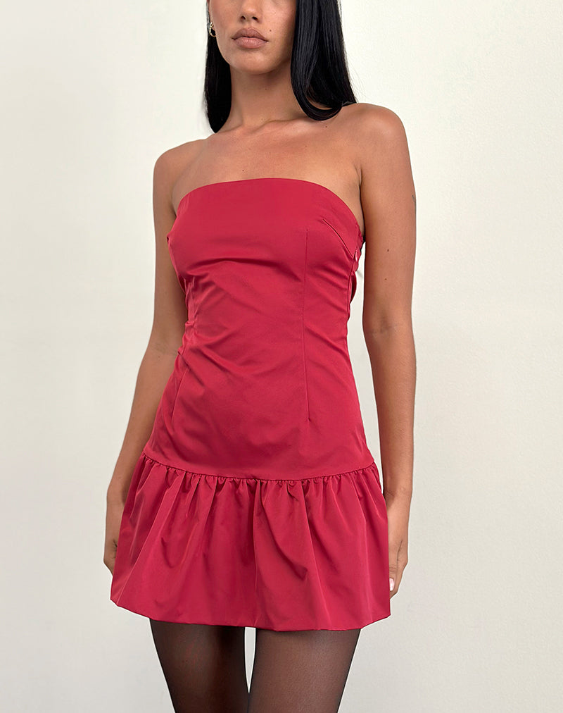 Denama Puffball Mini Dress in Deep Red