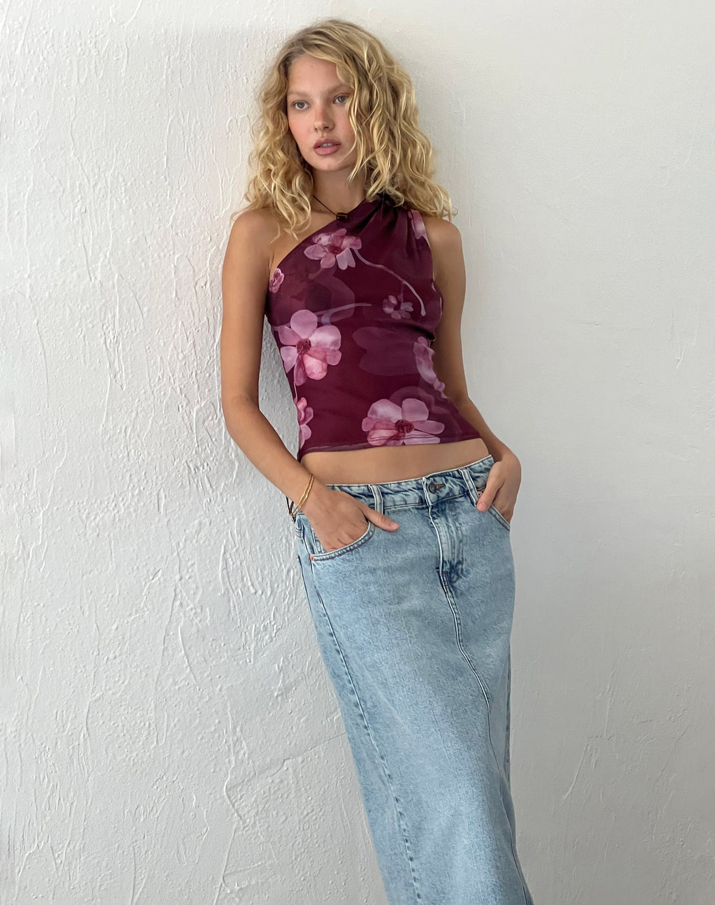 Derse One Shoulder Mesh Top in Watercolour Floral Berry