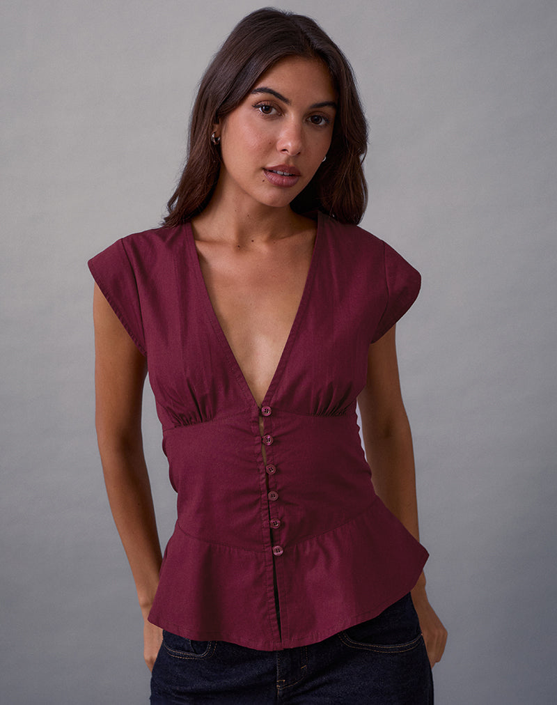 Image of Devlin V Neck Blouse in Poplin Burgundy