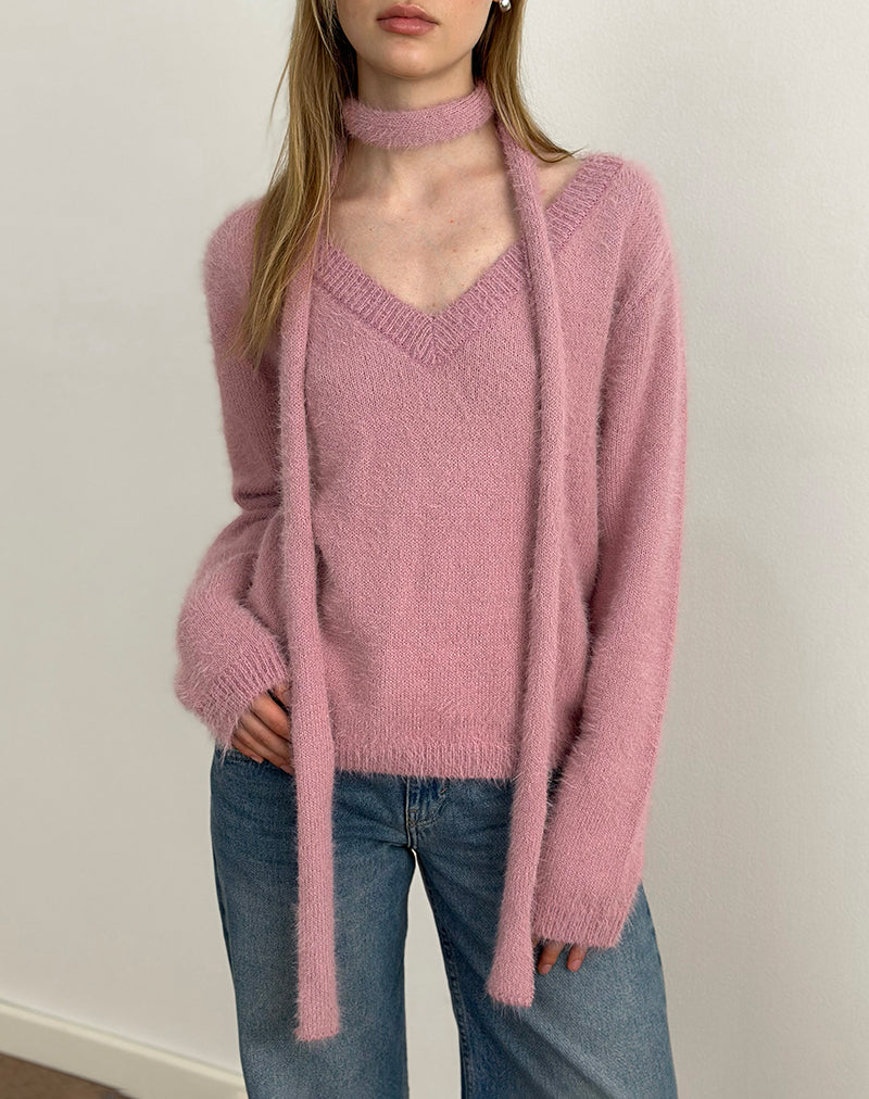 Dusty Pink Fluffy Knit Jumper With Scarf | Dikara – motelrocks-com-us