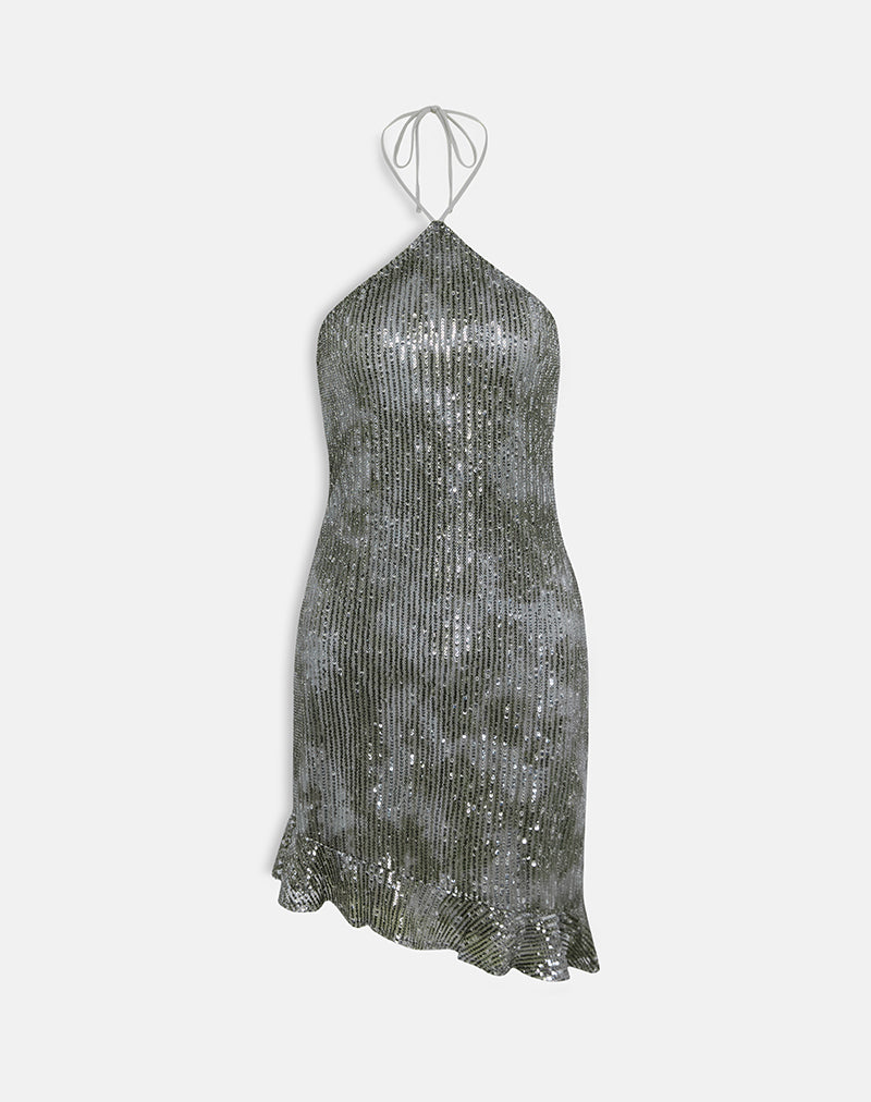 Green Grey Sequin Asymmetric Mini Dress | Dikta – motelrocks-com-us