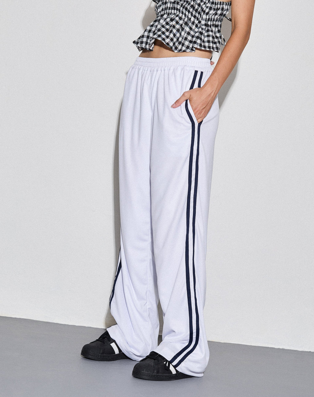 Coze Wide Leg Jogger in White with Navy Double Stripe