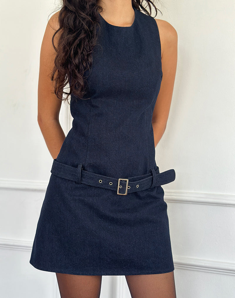 Dilshan Belted Mini Dress in Chambray Indigo