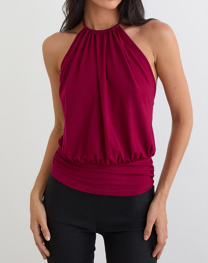 Diraka High Neck Top in Rayon Jersey Burgundy