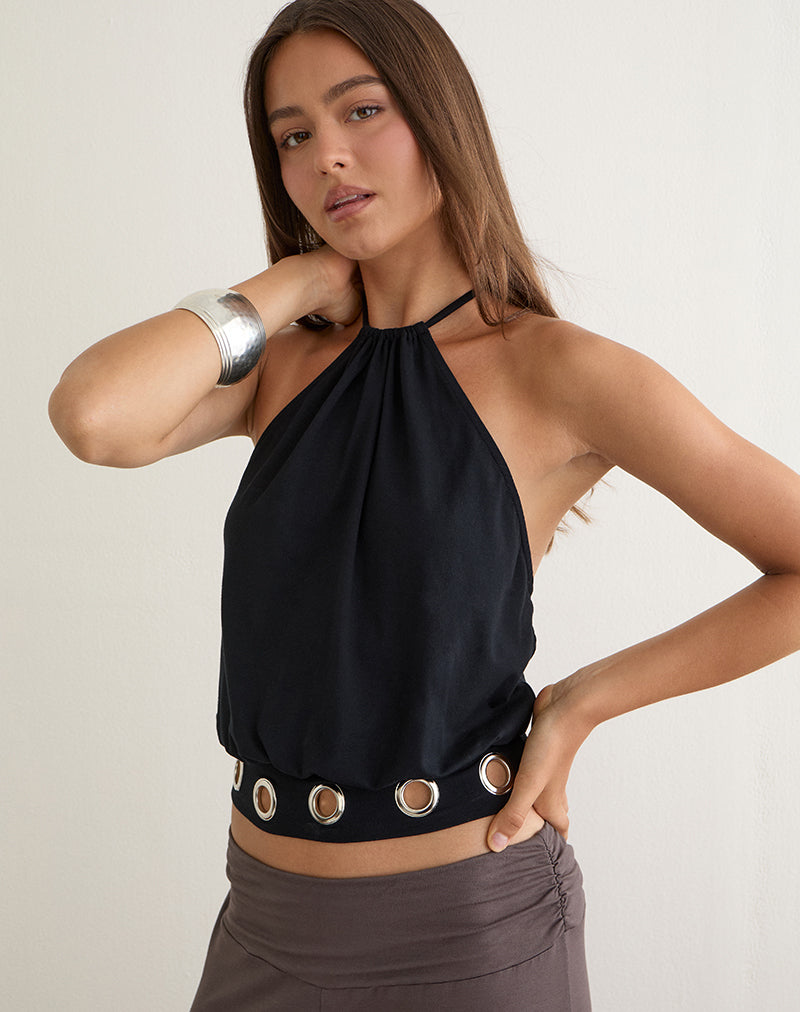 Image of Dolga Halter Top with Eyelets Hem in Black