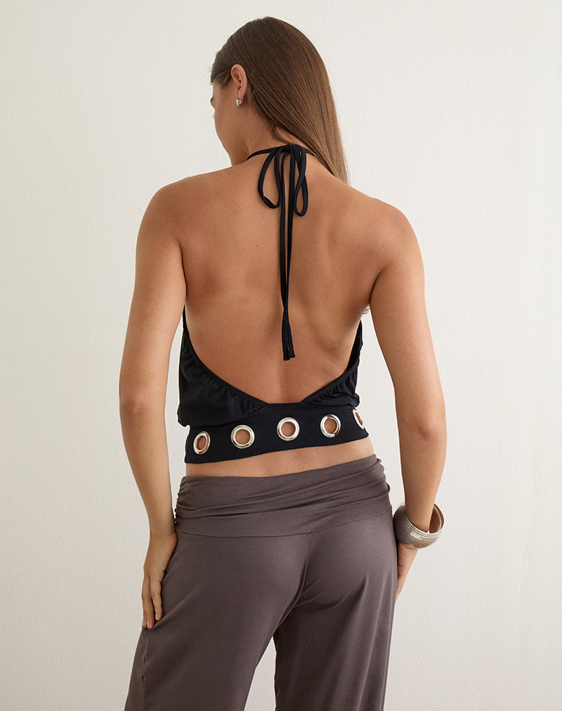 Image of Dolga Halter Top with Eyelets Hem in Black