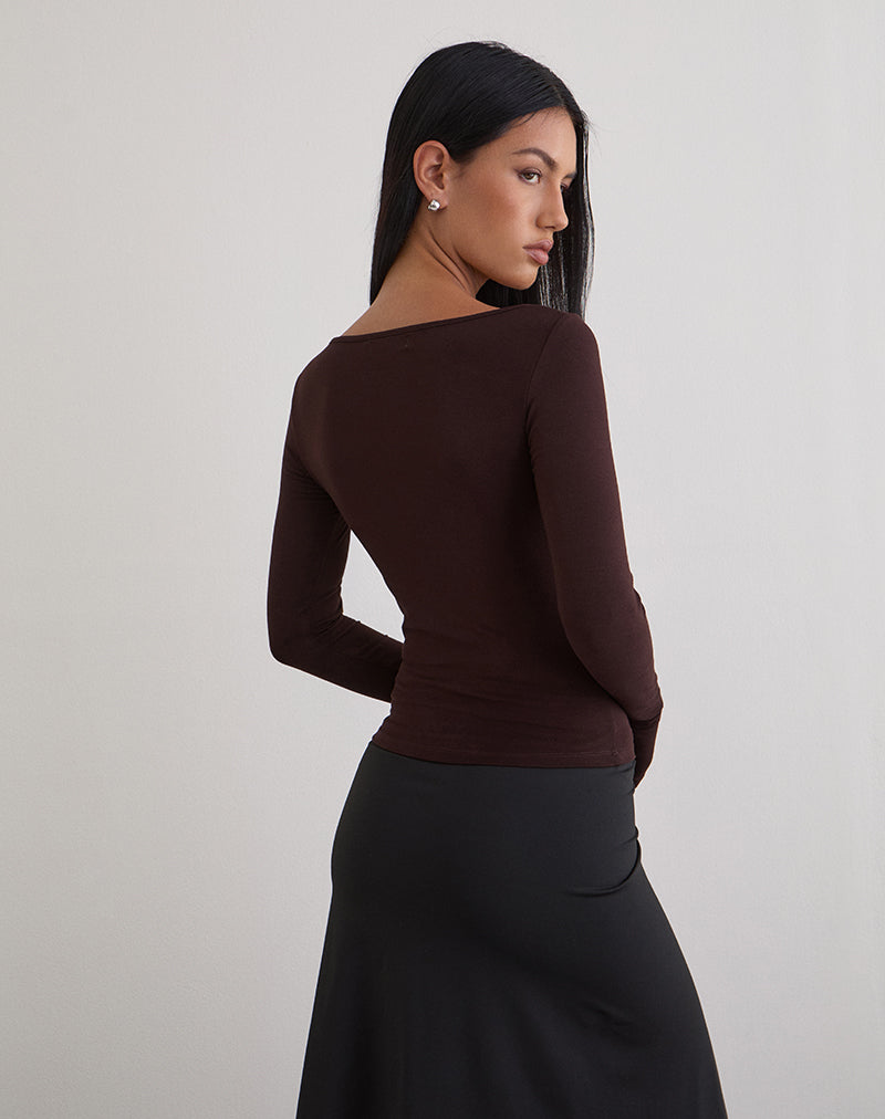 Bitter Chocolate Long Sleeve Top with Flower Ring | Donela