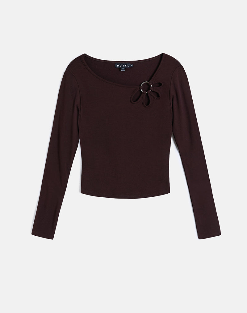 Bitter Chocolate Long Sleeve Top with Flower Ring | Donela