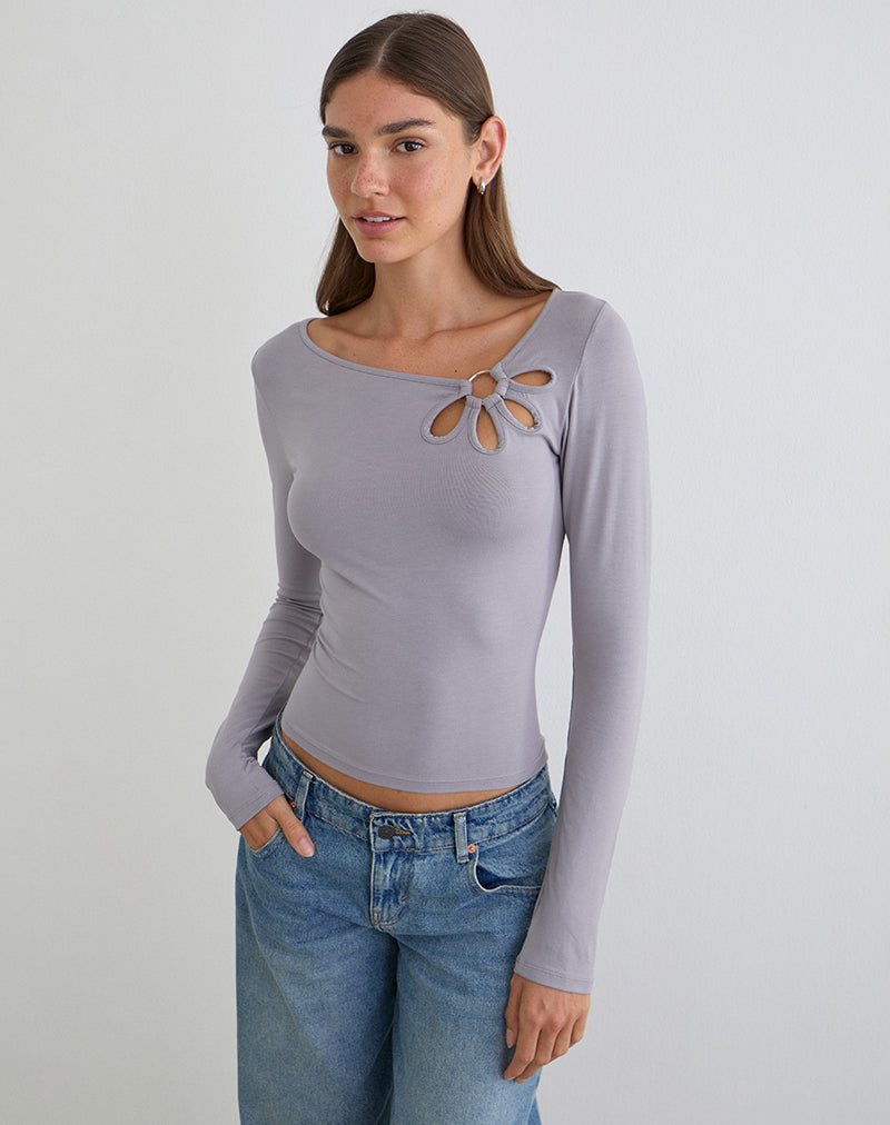 Image of Donela Long Sleeve Top with Flower Ring in Lilac Grey