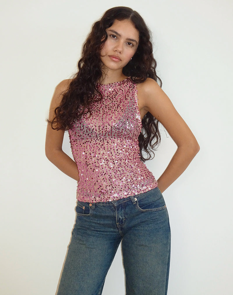 Dudley Vest Top in Sequin Mesh Rose Gold