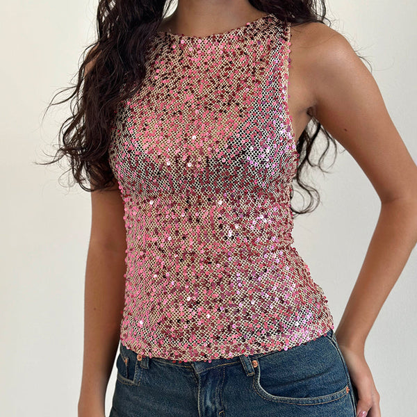 Rose Gold Sequin Mesh Vest Top | Dudley – motelrocks-com-us
