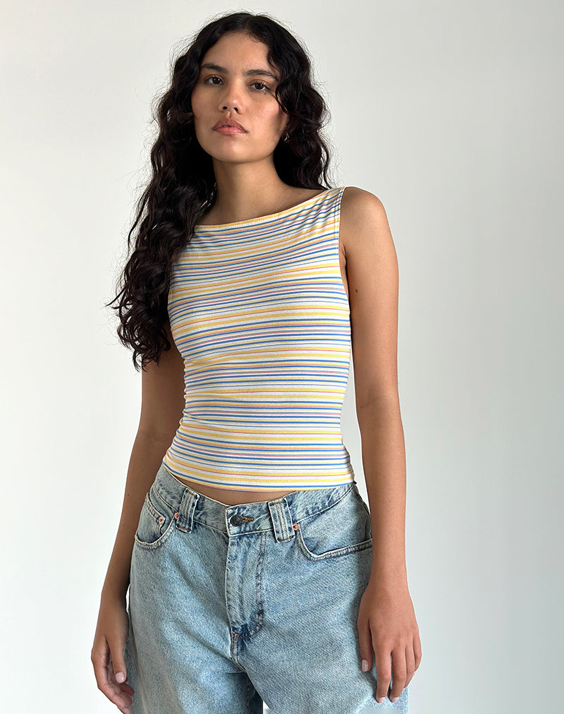 Dudley Vest Top in Blue, White and Yellow Stripe