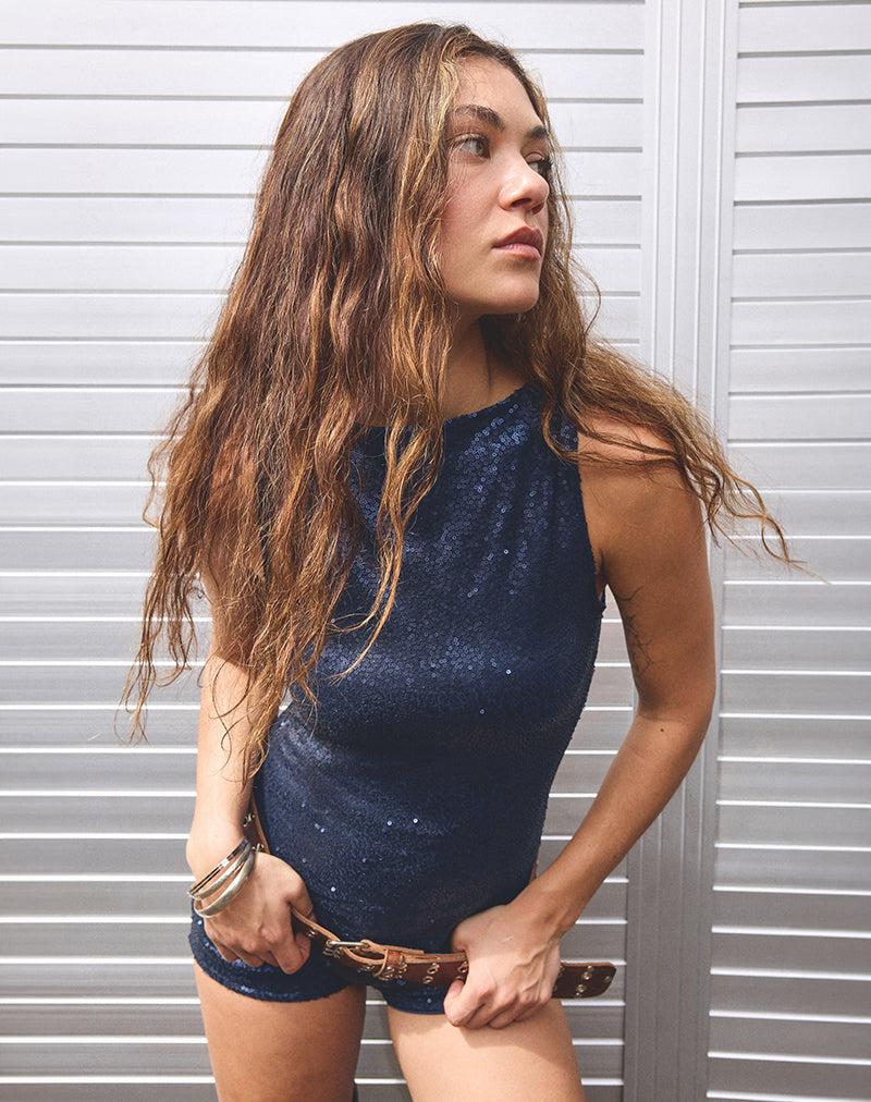 Image of Dudley Vest Top in Drape Sequin Navy
