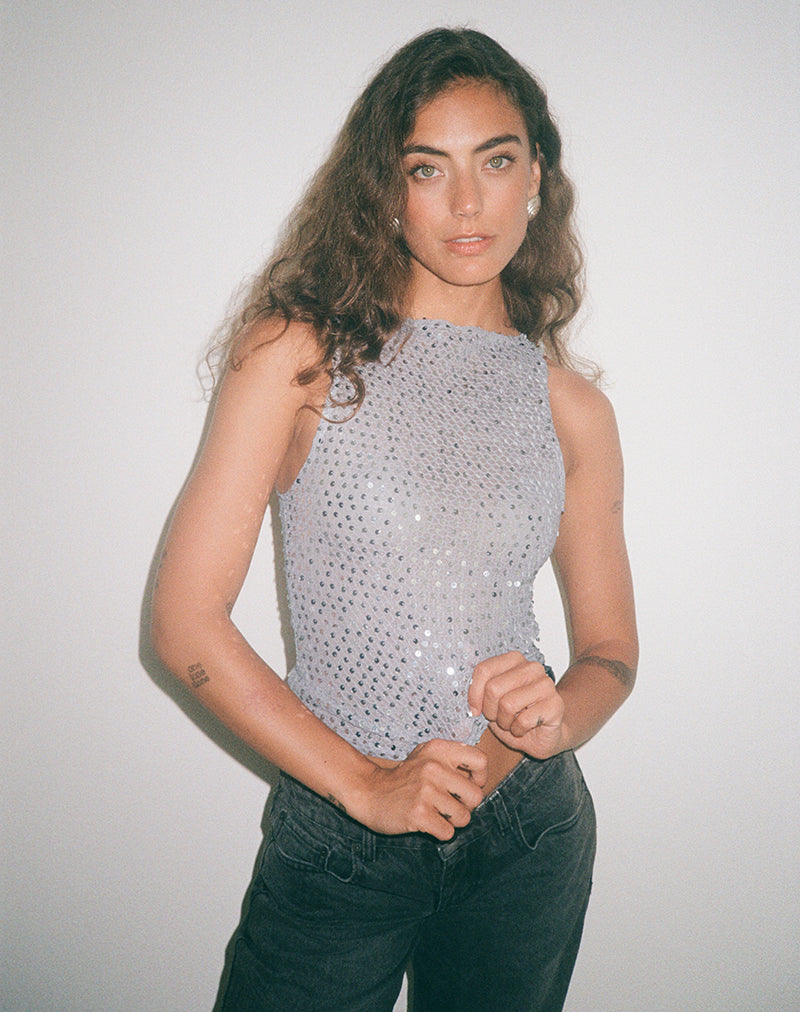 Dudley Vest Top in Sequin Knit Dark Silver