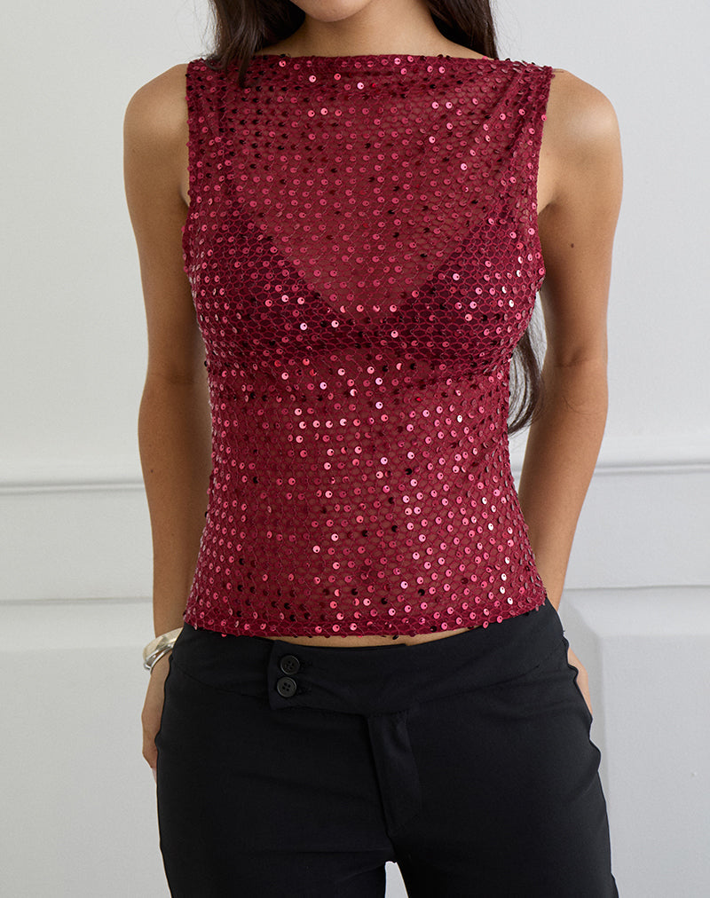 Image of Dudley Vest Top in Sequin Knit Burgundy