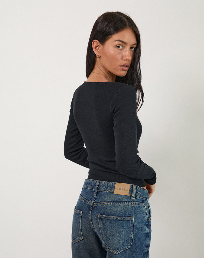 Black Plunge Ribbed Long Sleeve Top | Dulcet – motelrocks-com-us