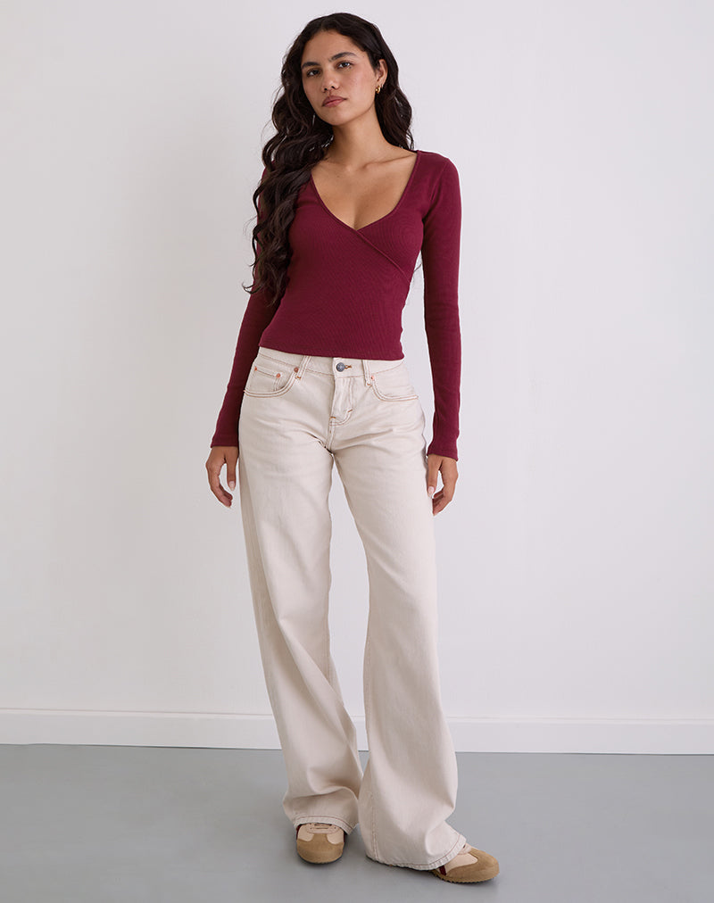 Image of Dulcet Ribbed Plunge Long Sleeve Top in Burgundy