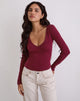 Image of Dulcet Ribbed Plunge Long Sleeve Top in Burgundy