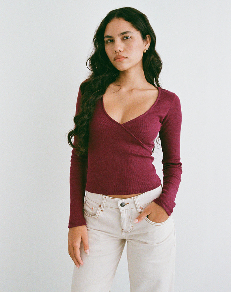 Image of Dulcet Ribbed Plunge Long Sleeve Top in Burgundy