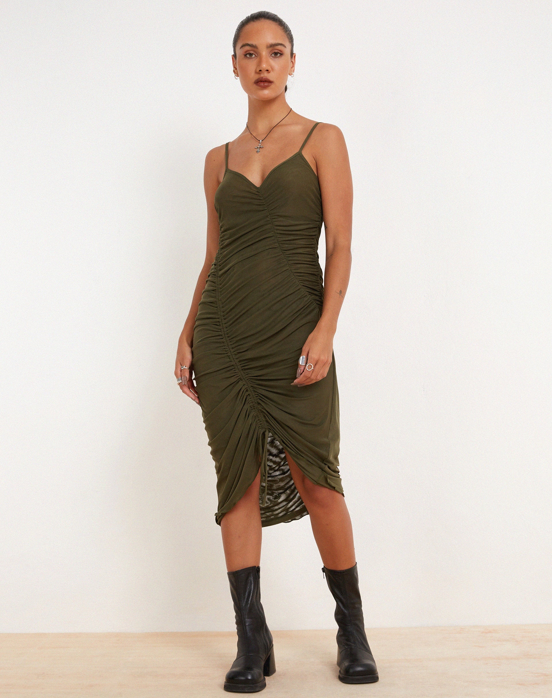 Green Leaf Ruched Mesh Midi Dress | Dulcia motelrocks-com-us Green Leaf Ruched Mesh Midi Dress | Dulcia motelrocks-com-us
