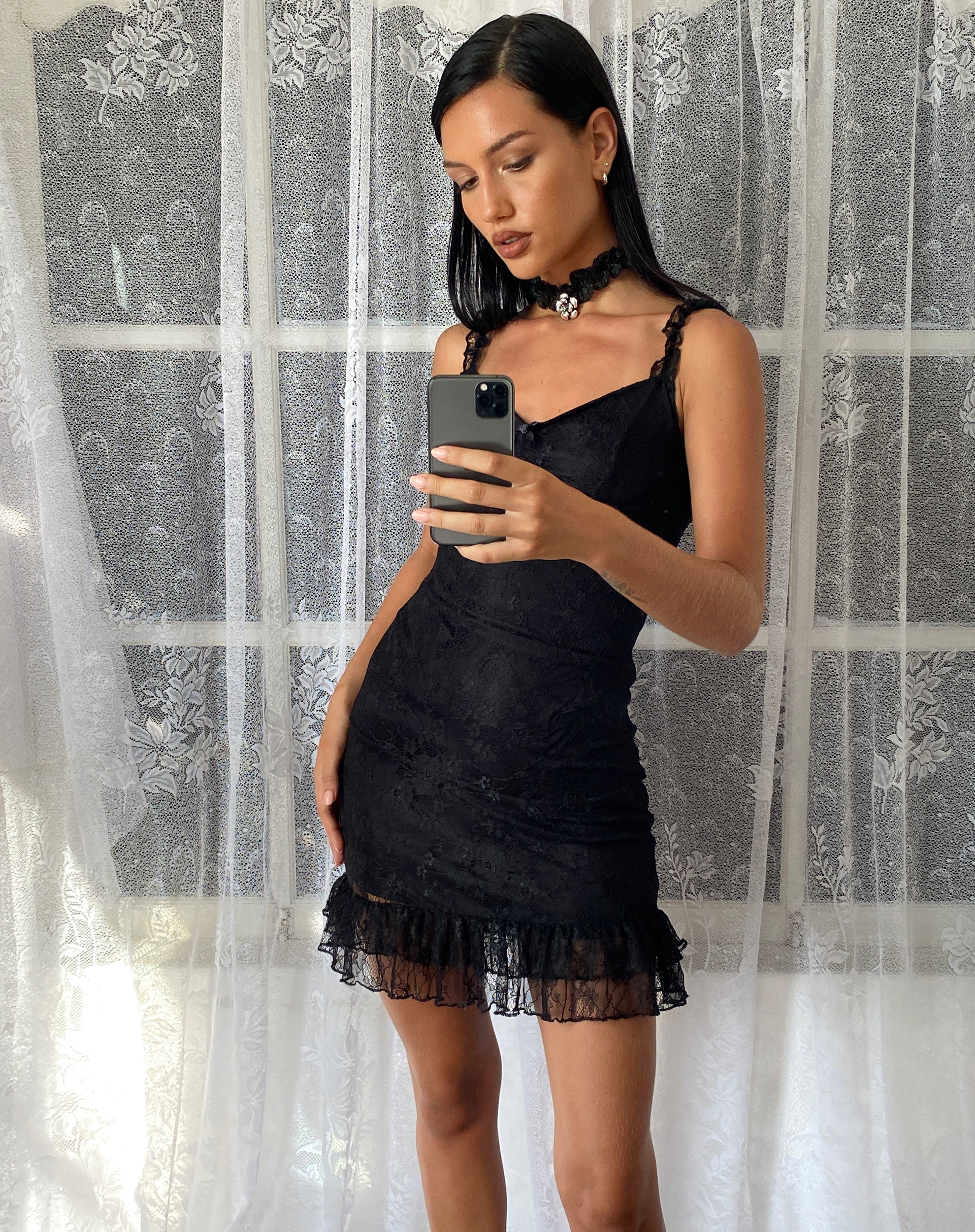 Elaine Lace Mini Dress in Black - Main Image