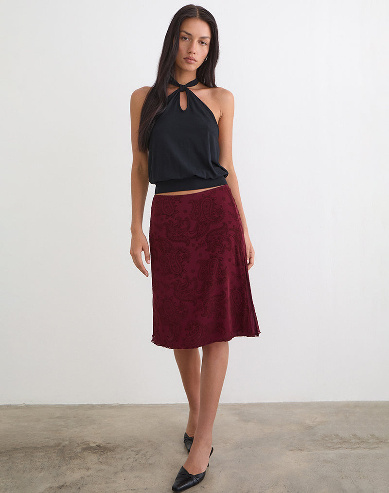 Elif Midi Skirt in Flock Compact Paisley Wine