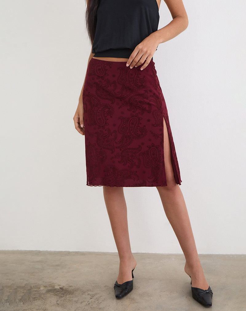 Elif Midi Skirt in Flock Compact Paisley Wine