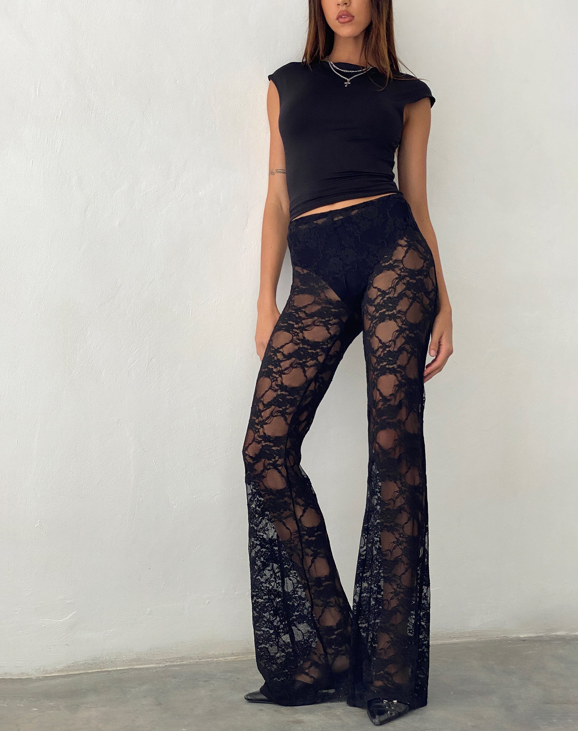 Black Sheer Lace High Waisted Flared Pants