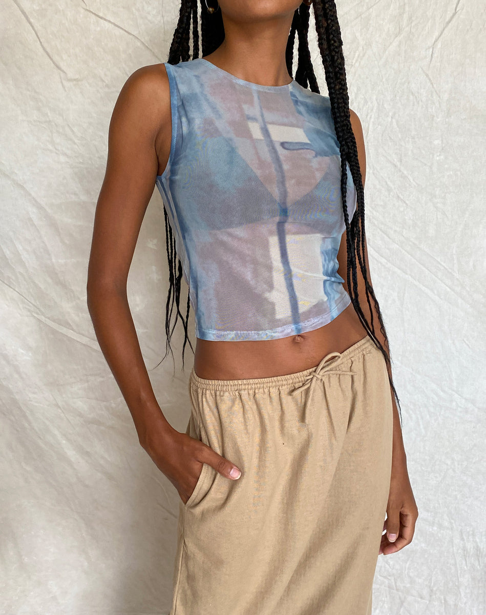 Blue Paint Brush Abstract Mesh Top | Elisha – motelrocks-com-us