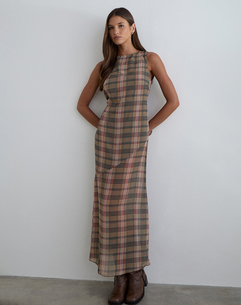 Image of Elska Maxi Dress in Brown and Pink Blurry Check