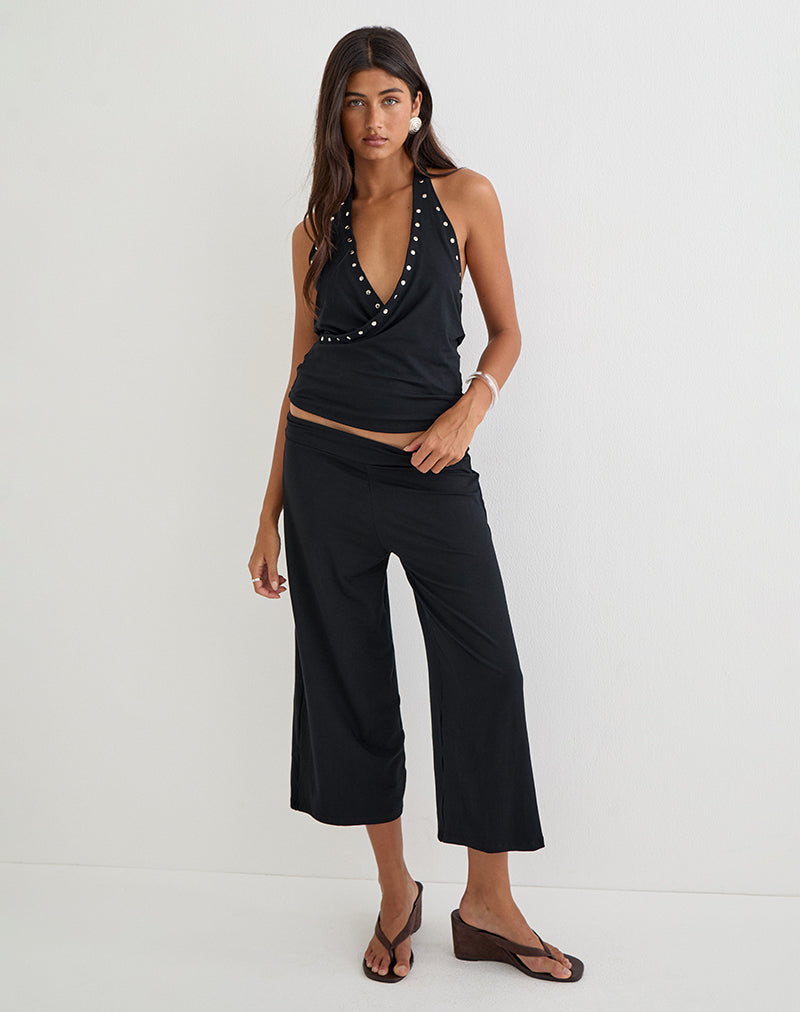 Black Rayon Jersey Halterneck Top with Silver Studs Detail | Elske