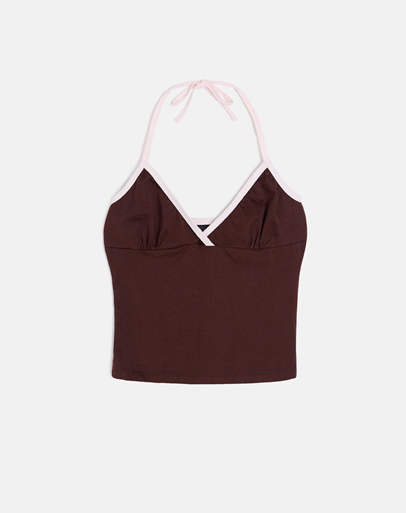 Elspe Halter Top in Bitter Chocolate with Light Pink Binding