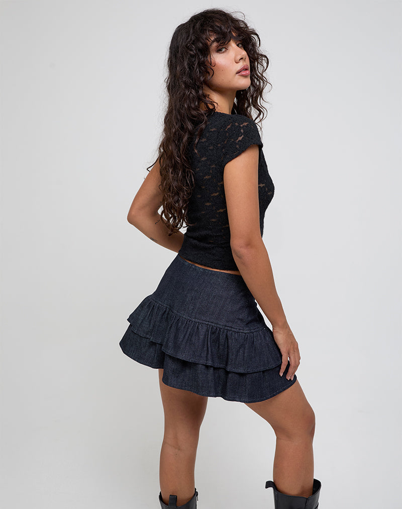 Image of Elysa Frill Mini Skirt in Dark Indigo Denim