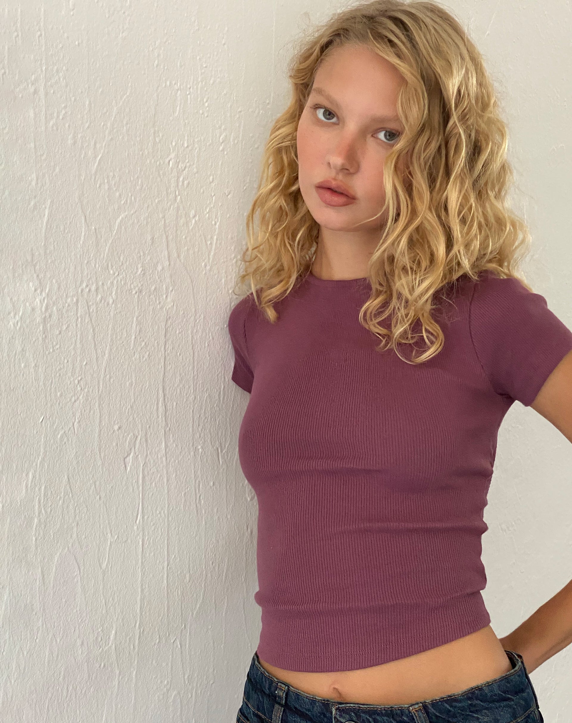 Image of Elyto Ribbed Open Back Tee in Mauve