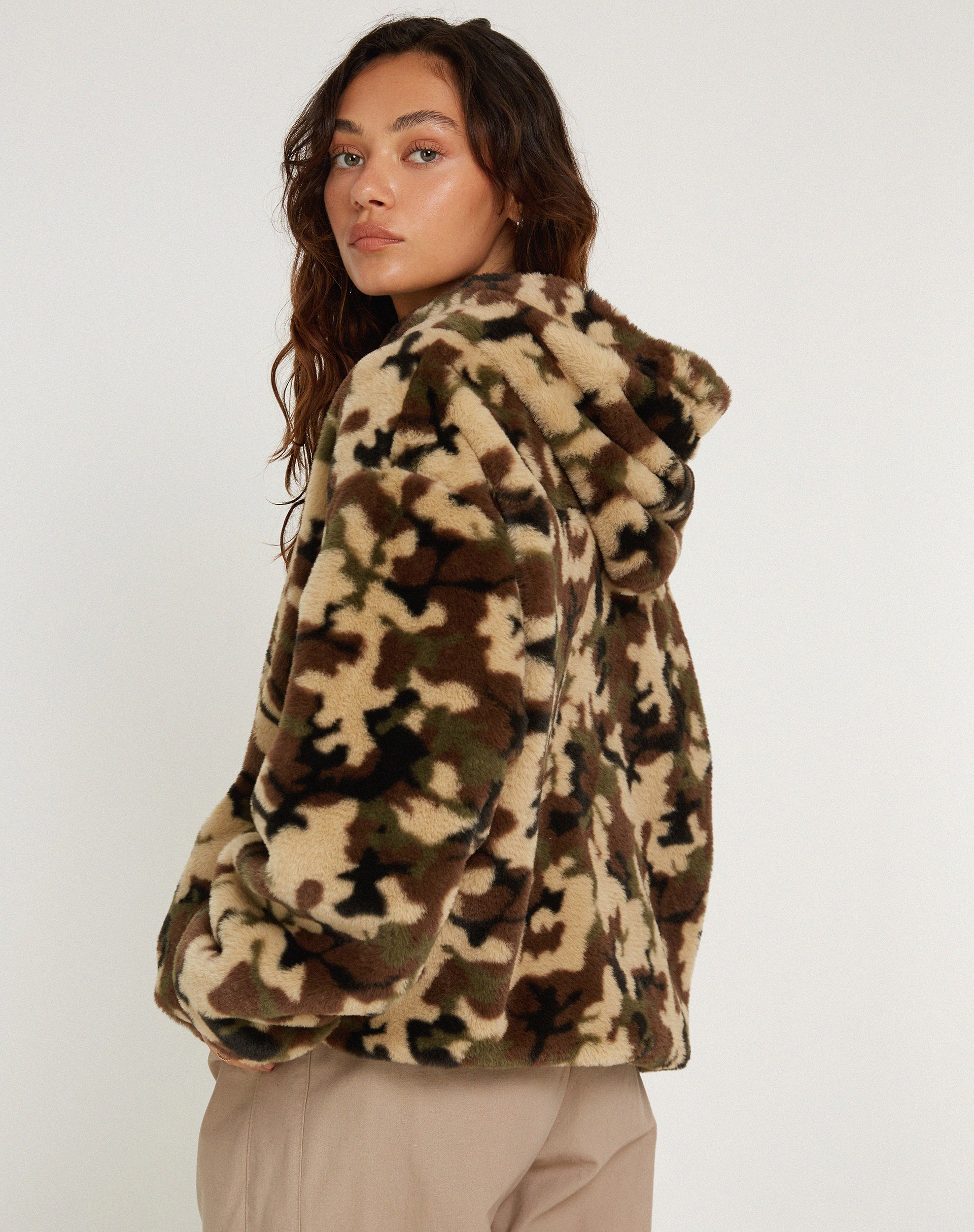 Camo Brown Pebble Faux Fur Hooded Jacket | Emerson – motelrocks-com-us