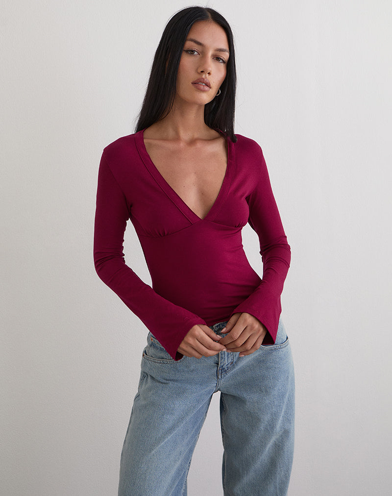 Image of Emesy Long Sleeve Top in Burgundy