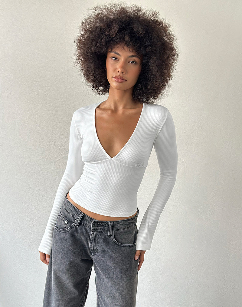 Image of Emesy Long Sleeve Top in Thick Ribbed Off White