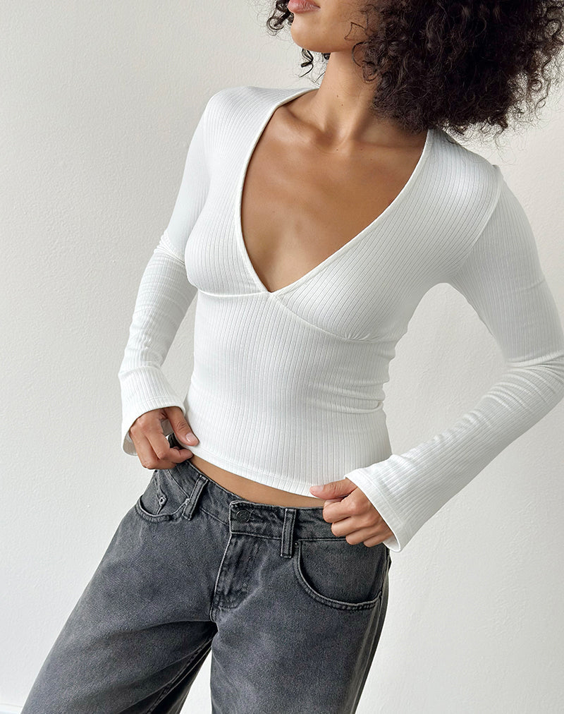 Image of Emesy Long Sleeve Top in Thick Ribbed Off White